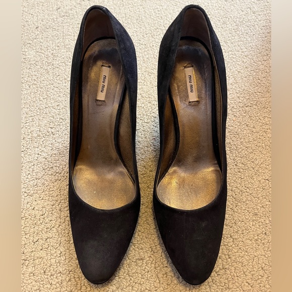 Miu Miu Black Suede Pump Round Almond Toe Block Heels Leather Italy cLassic Shoe - Picture 2 of 12